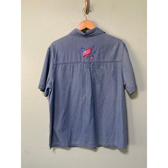 Vintage Passion‎ Women's Red Blue & White Flag Denim Button Up Shirt Size XL - Picture 2 of 9